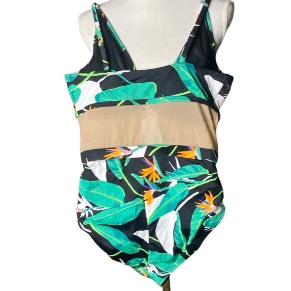 Coastal Blue Women's Sz Med Black Jungle Print Green Mesh One Piece Swimsuit - Picture 6 of 8